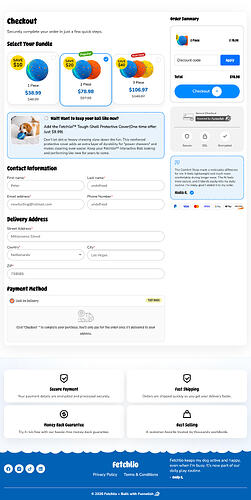 Interactive Dog Toy Funnel Template – Checkout Page with Order Bump Funnel template checkout page with order bump offer, order summary, and trust badges.