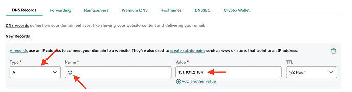 Main domain DNS setup: A record pointing @ to 151.101.2.184