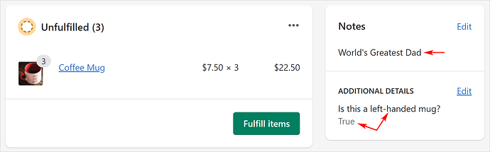Viewing the successfully synced order notes and attributes in Shopify