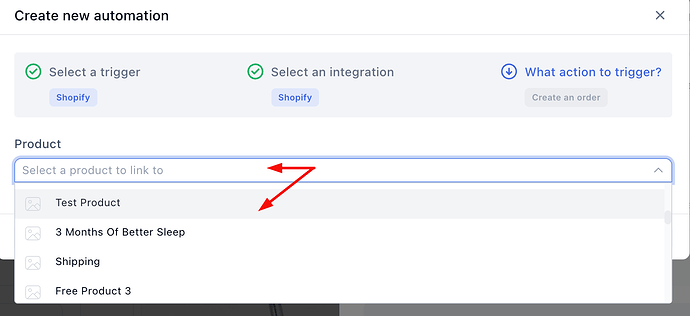 Selecting the Shopify product from the dropdown