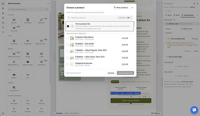 Cart product selection settings
