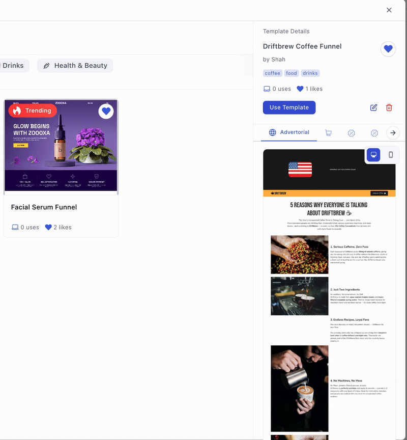 Funnelish preview a template