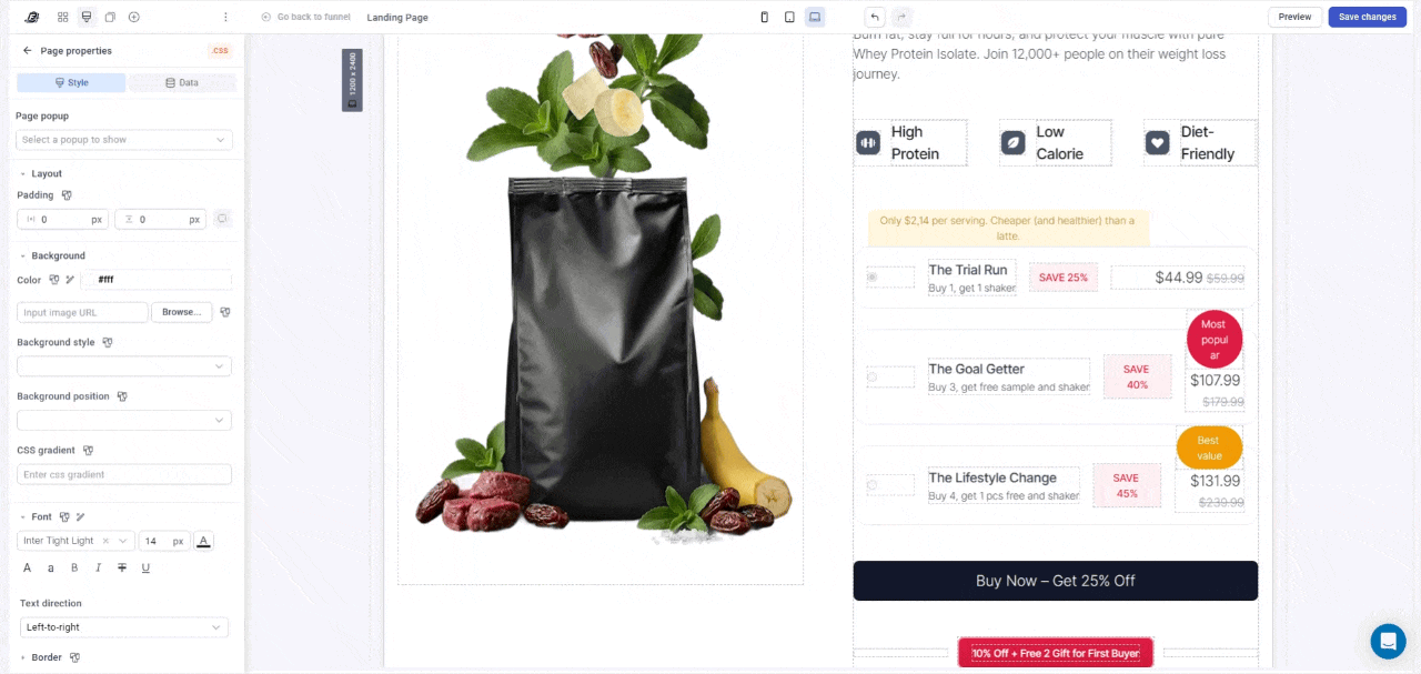 Clicking a package updates the CTA button with the correct Product ID.